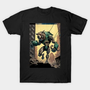 Giant futuristic robot cyborg dog attacking the city T-Shirt